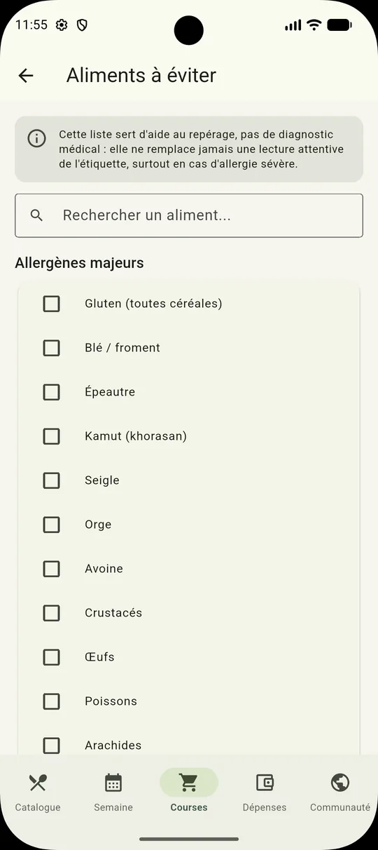 Liste de vigilance allergènes MealLoop