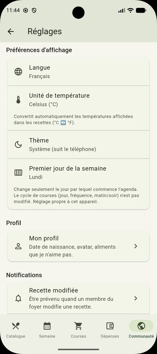 Réglages MealLoop